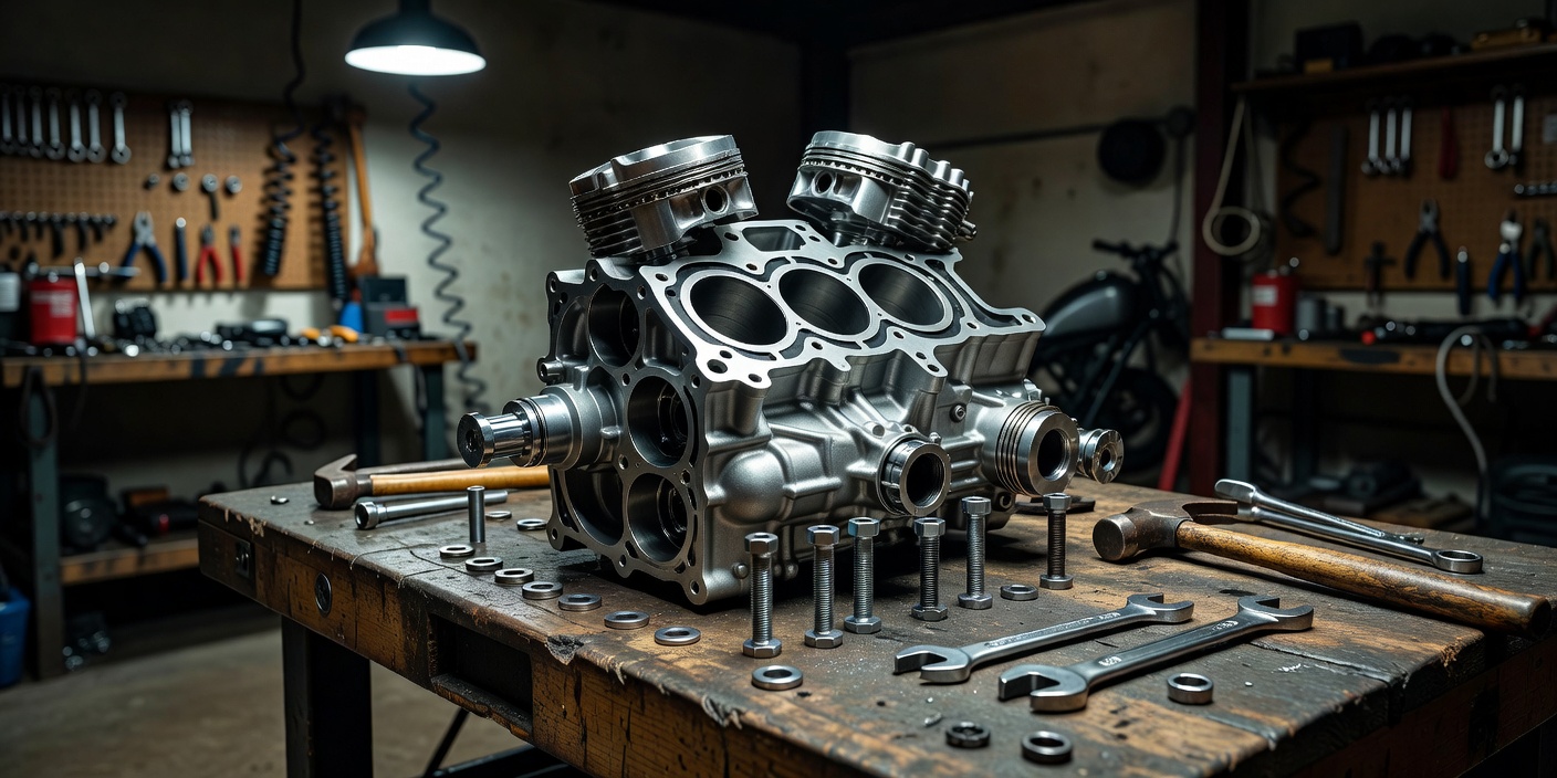 Detailed close up of motorcycle engine block being assembled on a workbench in a custom garage