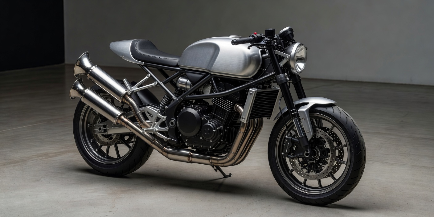 Exquisite modern cafe racer motorcycle detailing stainless exhaust and minimal brushed tank