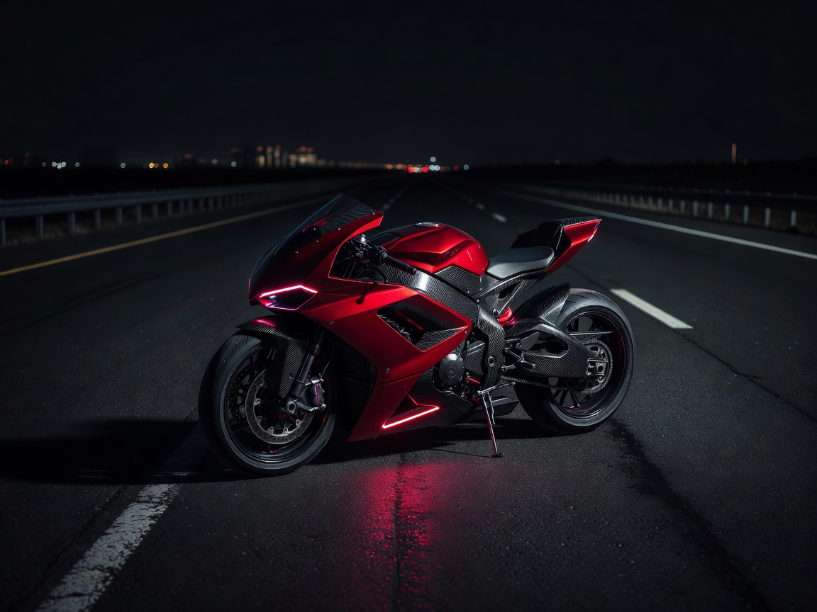 Futuristic high performance red and carbon fiber superbike parked on a dark highway