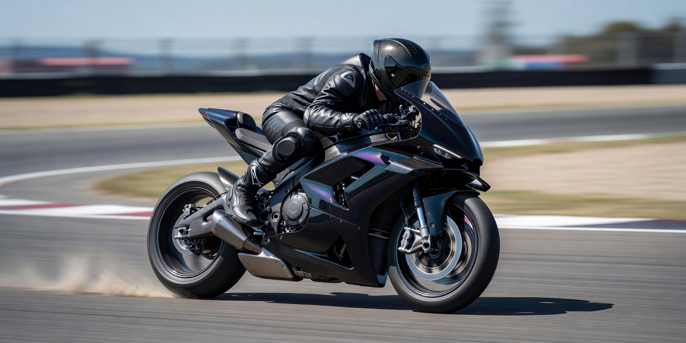 High speed racing superbike showcasing sleek fairings and carbon aerodynamic components