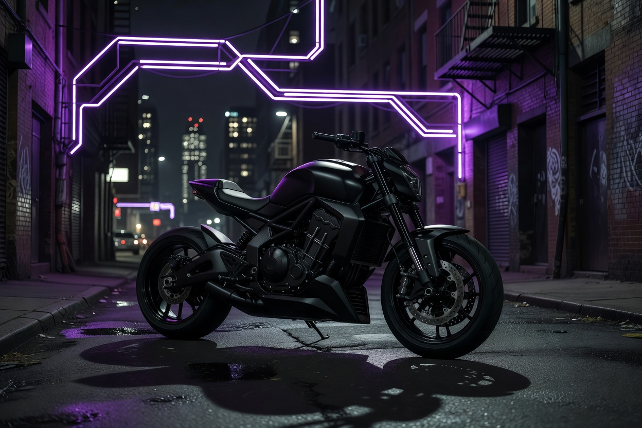 Matte black custom motorcycle sitting under cybernetic purple neon lights in an urban setting