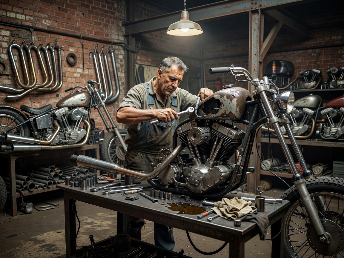 Motorcycle mechanic working with specialized hand tools in an industrial custom shop