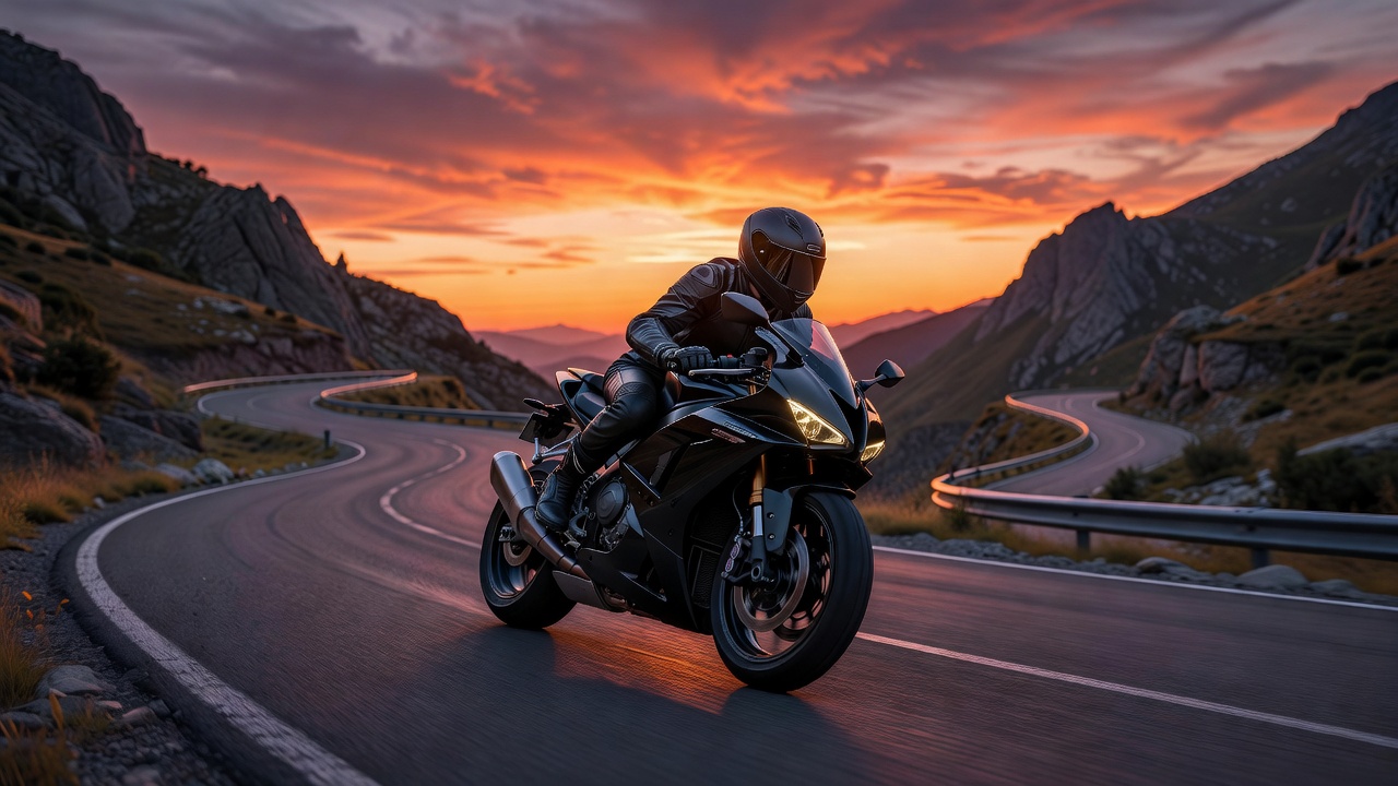 Motorcycle rider in sleek black leather helmet riding through mountain twisties at sunset