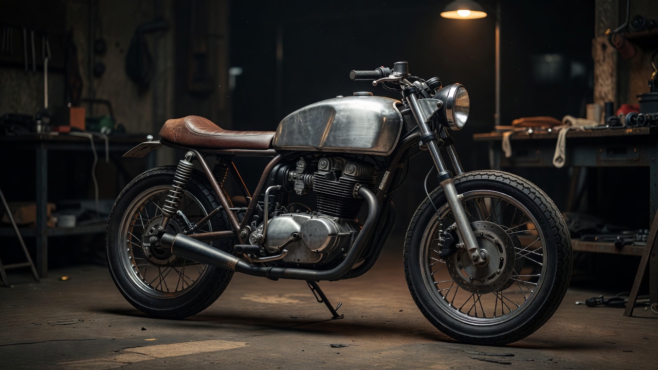 Vintage custom cafe racer motorcycle with exposed brushed steel fuel tank and leather seat